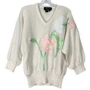 NWOT ANGENIE Sweater Vintage L Floral Applique Pearls Knit Long Sleeve Acrylic